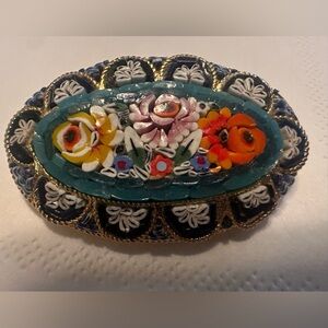 Vtg. Oval Micro Mosaic Tile Brooch/Pin With Flowers Made In Italy. 1.5” x 1.25”